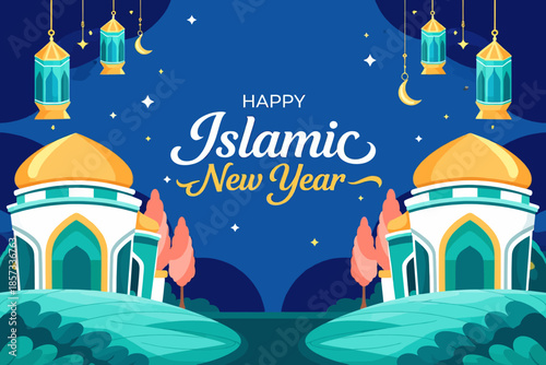 vector illustration of a Flat background for islamic new year celebration