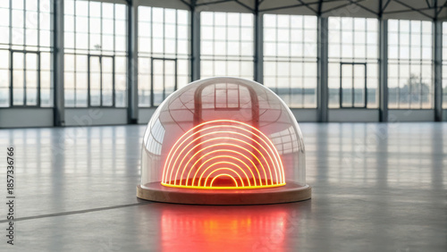 Glowing neon art installation in spacious industrial setting with large windows, creating modern and futuristic atmosphere