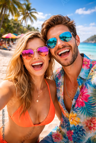 Smiling couple wearing sunglasses takes a cheerful selfie on a tropical beach with palm trees, blue sea, and summer holiday vibes..