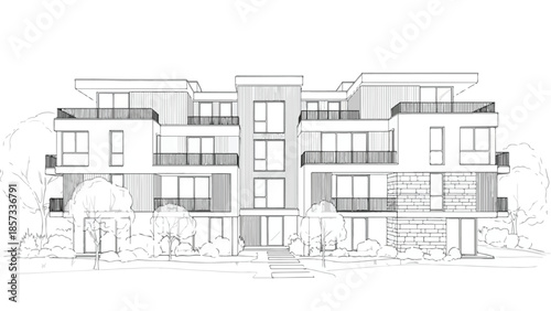 Contemporary suburban apartment complex with balcony gardens and landscaping