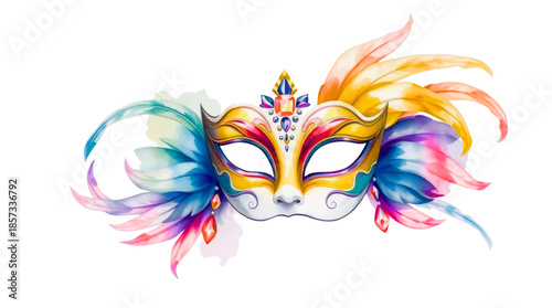 Vibrant and Elegant Venetian Carnival Mask Adorned with Colorful Watercolor Feathers and Sparkling Gemstones