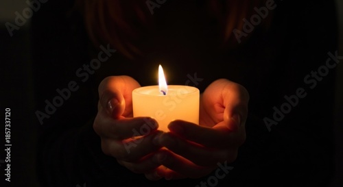 Hands holding a lit candle in darkness