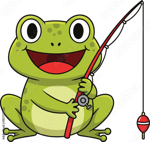 Cute happy green frog cartoon character holding a red fishing rod with a bobber sitting isolated on white background vector