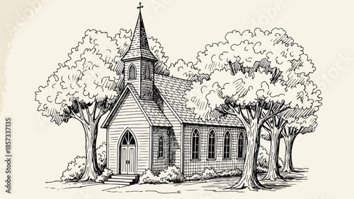 Traditional rustic church building nestled in a lush wooded landscape sketch