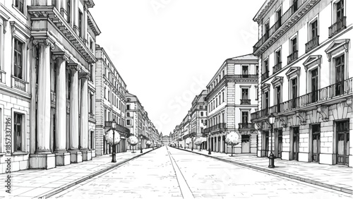 Vanishing point perspective of a grand classical urban street and facades