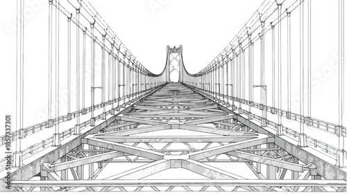 Detailed low angle perspective of a massive industrial steel suspension bridge