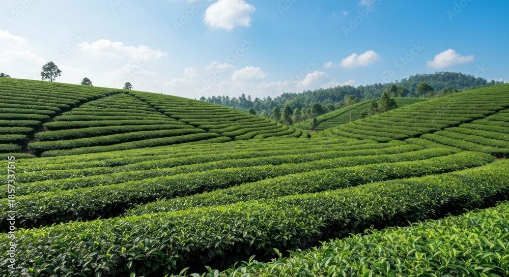 Naklejka premium Lush tea plantation terraced hills under a clear sky
