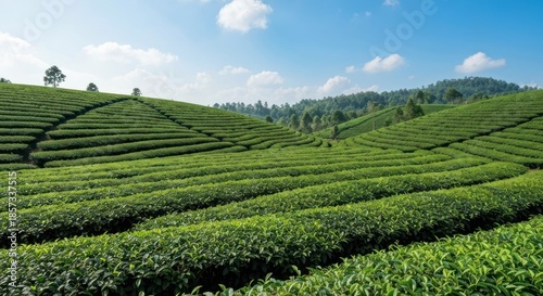 Lush tea plantation terraced hills under a clear sky