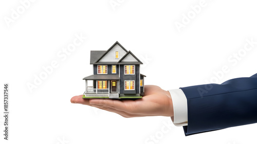 Hand holding a miniature house model with glowing windows