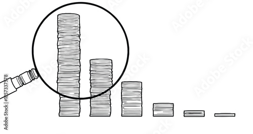 Growth In Stacked Coins With Magnifier Highlighting Tallest Column For Financial Analysis And Market Trends Visualization