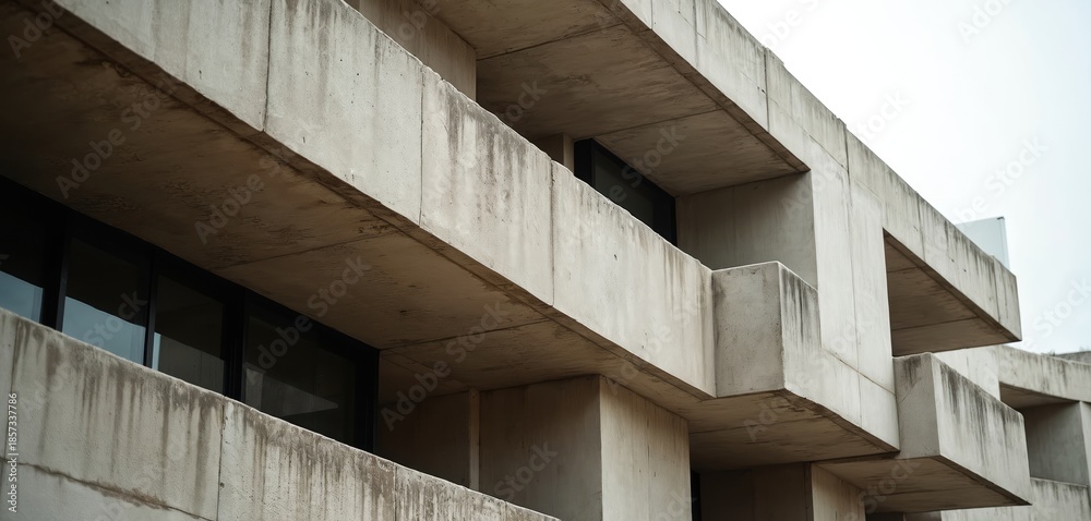 Fototapeta premium Raw concrete layered facade with geometric shapes and dark windows. Modernist structure with clean lines and minimalist aesthetic. Repeating pattern forms abstract building composition.