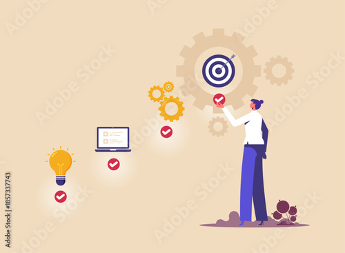 Checklist to remind project progress concept, Startup planning in business, symbolizing goal setting and project management, project manager check completed tasks in project management timeline