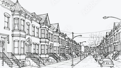 Wide perspective of a quiet suburban residential street with row houses
