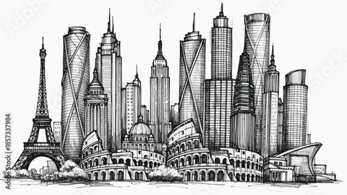 Creative collection of world architectural icons and towers in a dense cluster