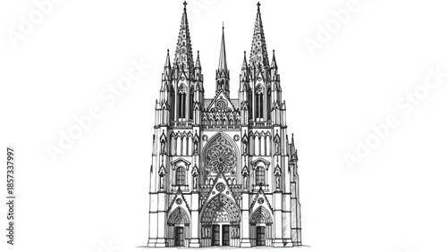 Detailed symmetrical facade of a historic gothic cathedral with intricate spires