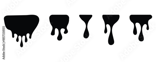 Black dripping liquid silhouettes and melting circle shapes, paint drip icons, ink splatter and splash collection, modern vector illustration set