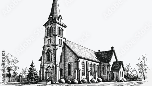 Historic countryside church sketch with steeple and surrounding landscape