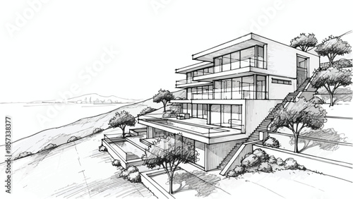 Modern hillside villa architecture with tiered terraces and scenic ocean view