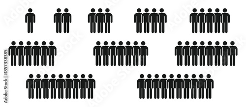 People 1, 2, 3, 4, 5, 6, 7, 8, 9, 10 icon set; crowd signs for participants, groups, and teams; population infographic silhouettes for organization, community, and audience membership