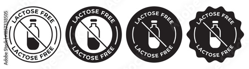 Set of lactose free badges and product labels; healthy food icons for dairy free and stomach friendly nutrition; black minimalist vector illustration collection