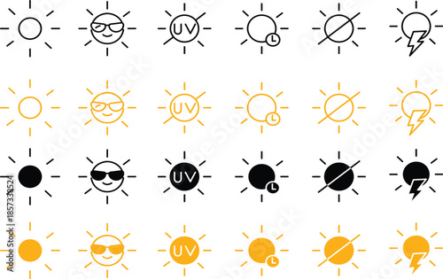 Set of Minimalist Sun Weather Conditions and UV Index Protection Symbols for Forecast Mobile App Vector Silhouette and Pictogram Icon Set.eps
