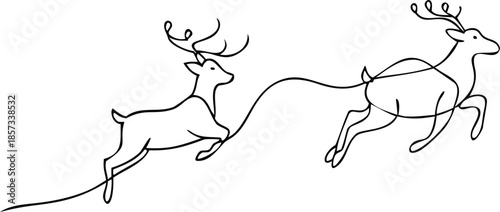 A deer is pulling a sleigh with a goat on it. The goat is wearing a hat