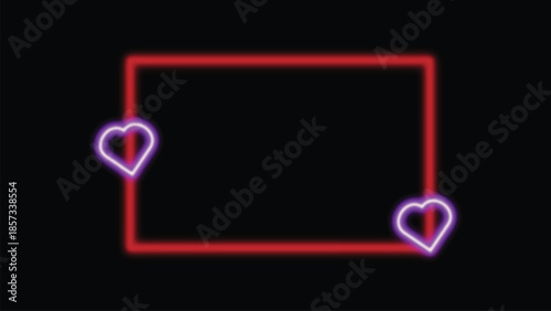 Neon red rectangular frame with purple glowing hearts on black background