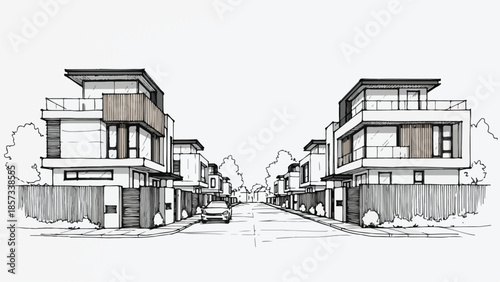 One point perspective of a modern residential street with luxury townhouses
