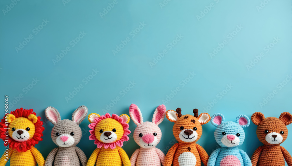 Obraz premium Group of six colorful crochet animals including lions rabbits giraffe, bear sit together on blue backdrop. Handmade plush toys pose playfully in studio with soft bright lighting, cheerful atmosphere.