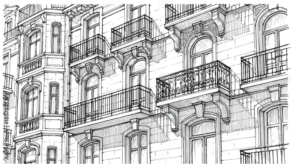 Fototapeta premium Close up architectural detail of an ornate historic building with iron balconies