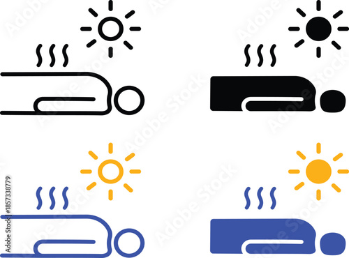 Summer Sunbathing Person Tanning Under Hot Sun and Heat Wave Symbols for Spa and Vacation Travel Graphics Vector Silhouette and Pictogram Icon Set.eps