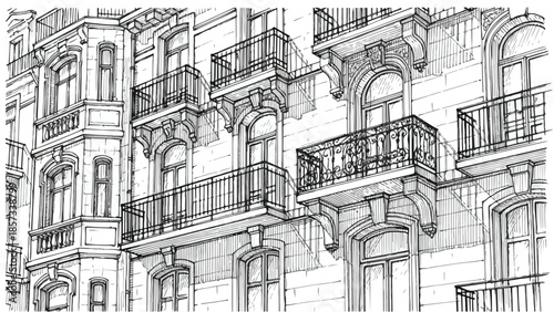 Close up architectural detail of an ornate historic building with iron balconies