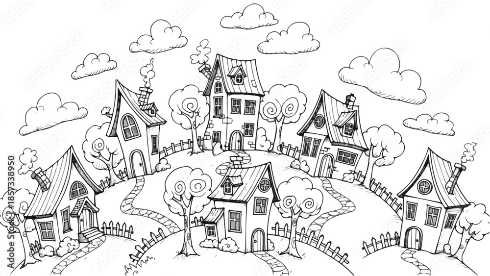 Obraz premium Whimsical hand drawn doodle of a playful urban neighborhood with curvy houses