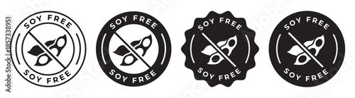 Set of soy free badges and product labels; healthy food icons for allergen free and organic nutrition; black minimalist vector illustration collection