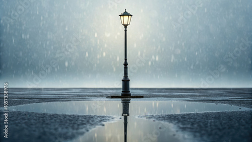 Rain soaked urban reflection. streetlamp stands alone, reflecting on wet surface during rainfall, creating serene atmosphere