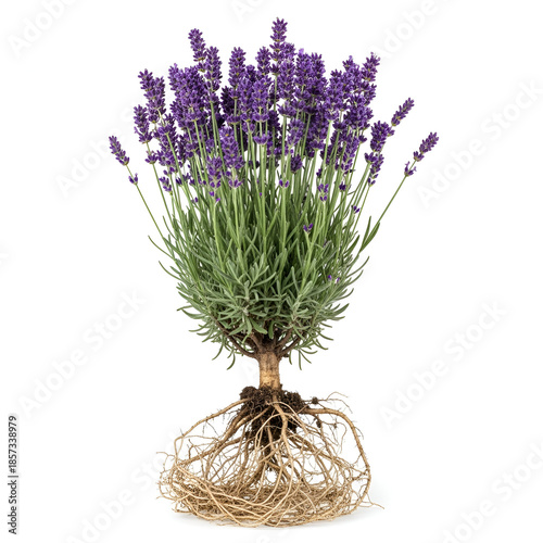 Mature lavender plant with roots and purple flower spikes