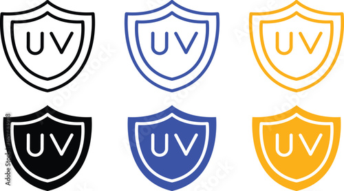 Ultraviolet Protection Shield Icons Featuring UV Blocking Solar Safety Guards and Skin Care Defense Symbols in Various Colors Vector Silhouette and Pictogram Icon Set.eps