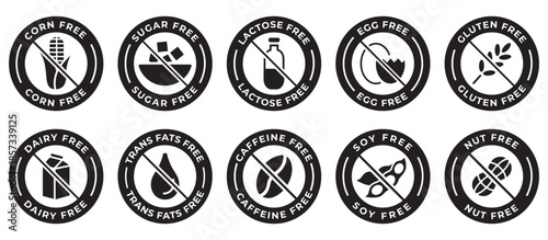 Set of food allergy free badges and organic product icons; gluten free, sugar free, and dairy free labels; black minimalist vector illustration collection