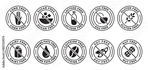 Set of food allergy free badges and organic product icons; gluten free, sugar free, and dairy free labels; black minimalist vector illustration collection