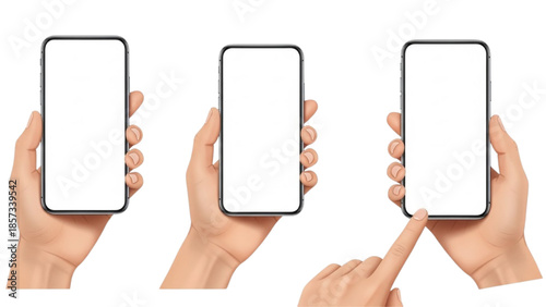 Hands Holding and Interacting with Smartphones Showing Blank Screens on White Background