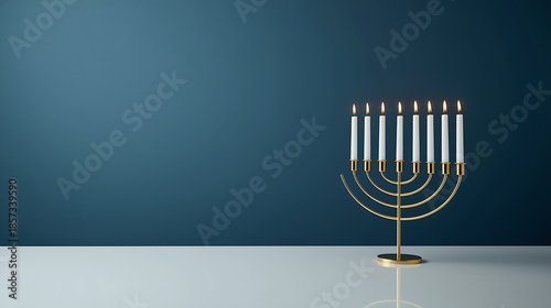 A minimalist studio photograph features a golden menorah with nine lit white candles on a clean white tabletop. Positioned on the right, it leaves considerable empty space on the left, against a smoot