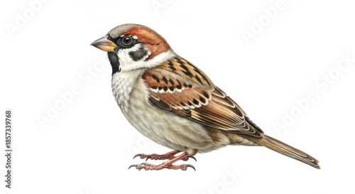 Side view of a small bird, likely a Eurasian Tree Sparrow, with a rich brown and tan plumage