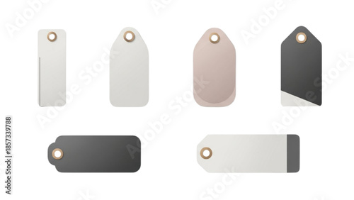 Set of blank price tags and labels in neutral and dark colors, isolated on white background, flat lay, minimal design