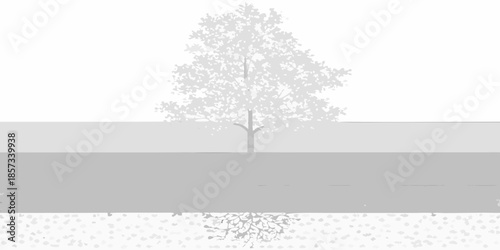 A solitary tree stands centered its roots visible above a textured ground
