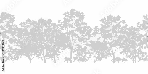 A grayscale silhouette of a dense forest with varied tree shapes
