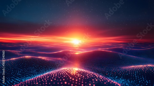 Abstract space background with blue clouds and sunset light reflecting over a beautiful dark horizon during night
