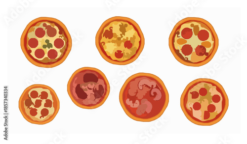 Cartoon assorted pizza flavors vector set with colorful toppings