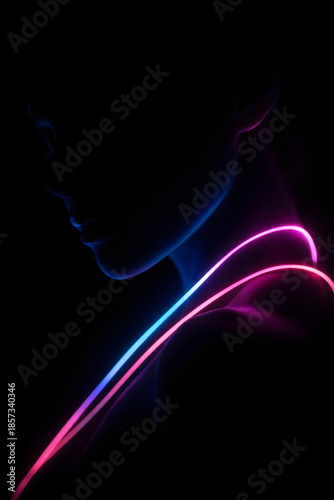 Abstract human silhouette outlined with neon light against a dark background, symbolizing identity, technology, and mystery..
