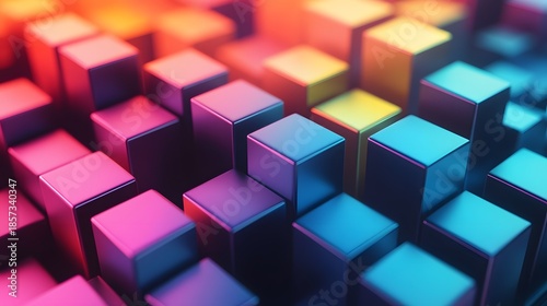 3D render of an abstract geometric pattern featuring a group of colorful blue and red cubic blocks and square boxes in a modern business design illustration