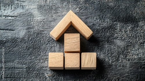 A conceptual 3D business puzzle featuring brown wooden blocks and cubes building a house tower construction on a square cardboard object